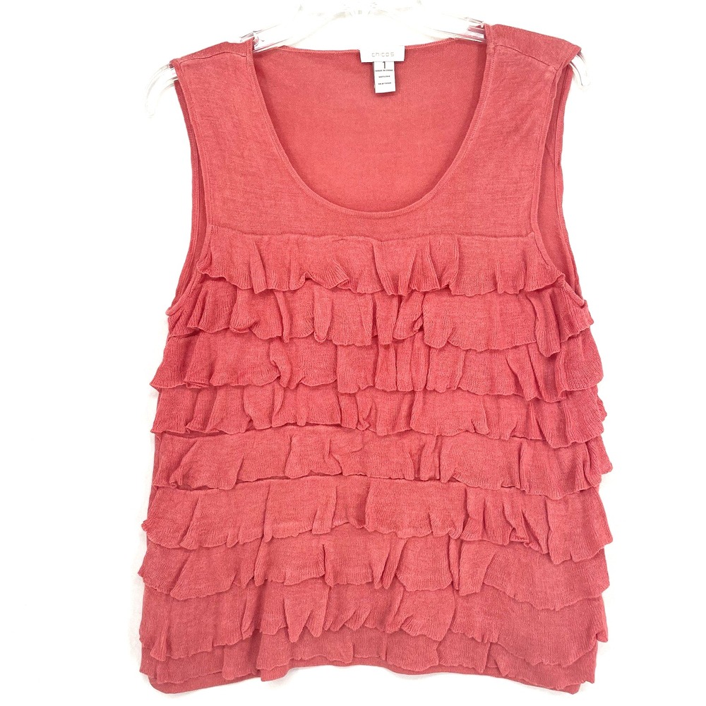 Chicos‎ Sleeveless Silk Tank Top Womens Size 1 Large Scoop Neck Ruffled Pink